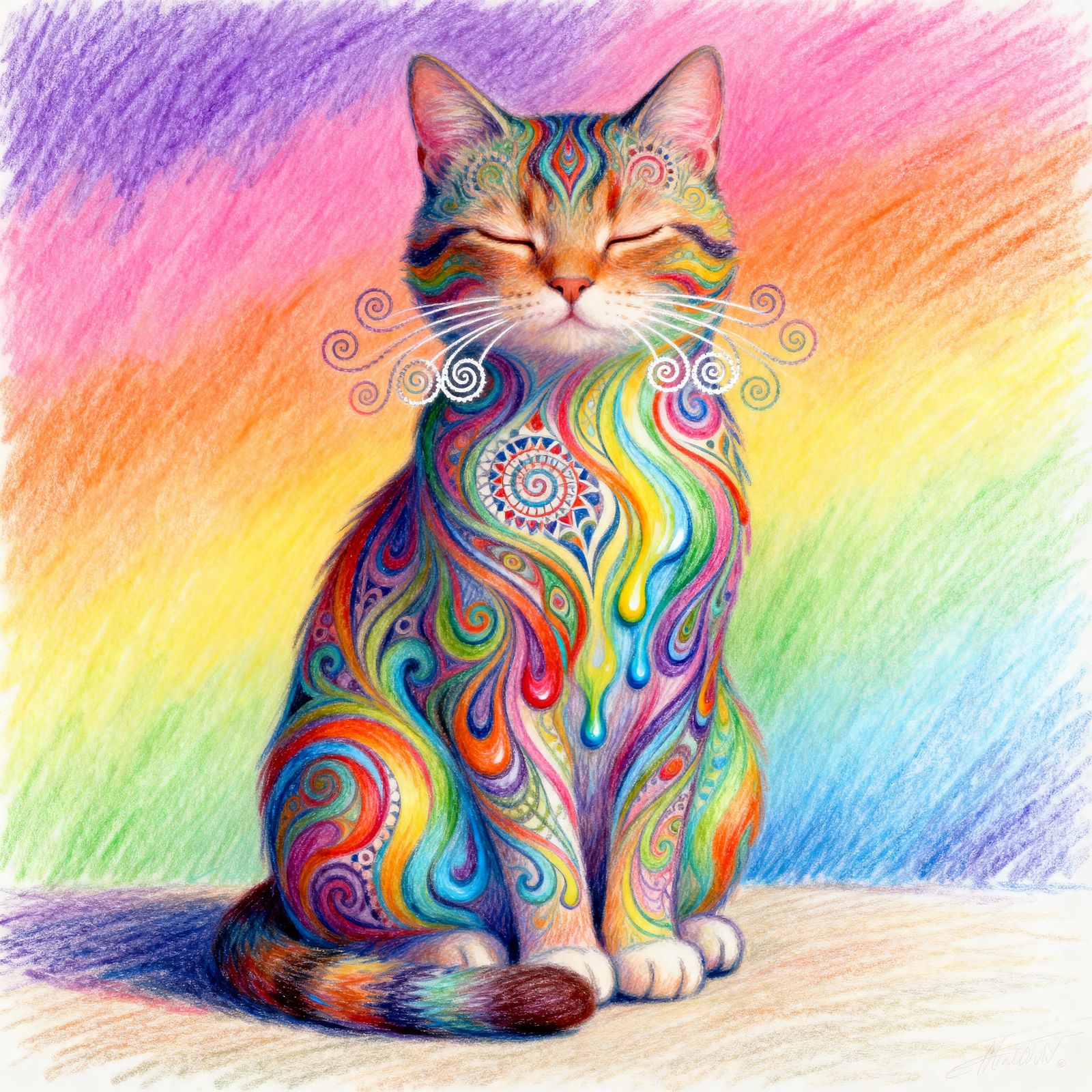 Psychedelic Cat with Swirling Rainbow Zentangle Patterns