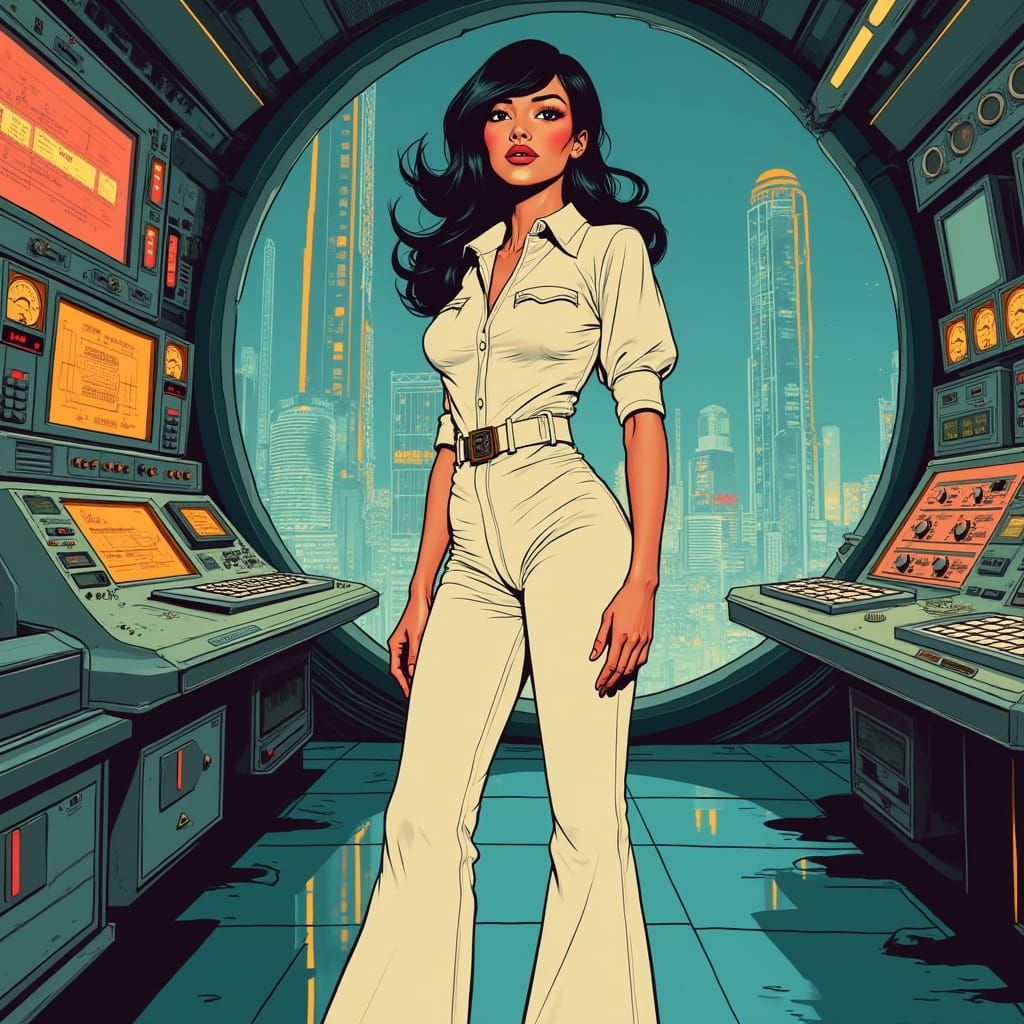 Retro Futuristic Cyberpunk Woman in Neon Cityscape