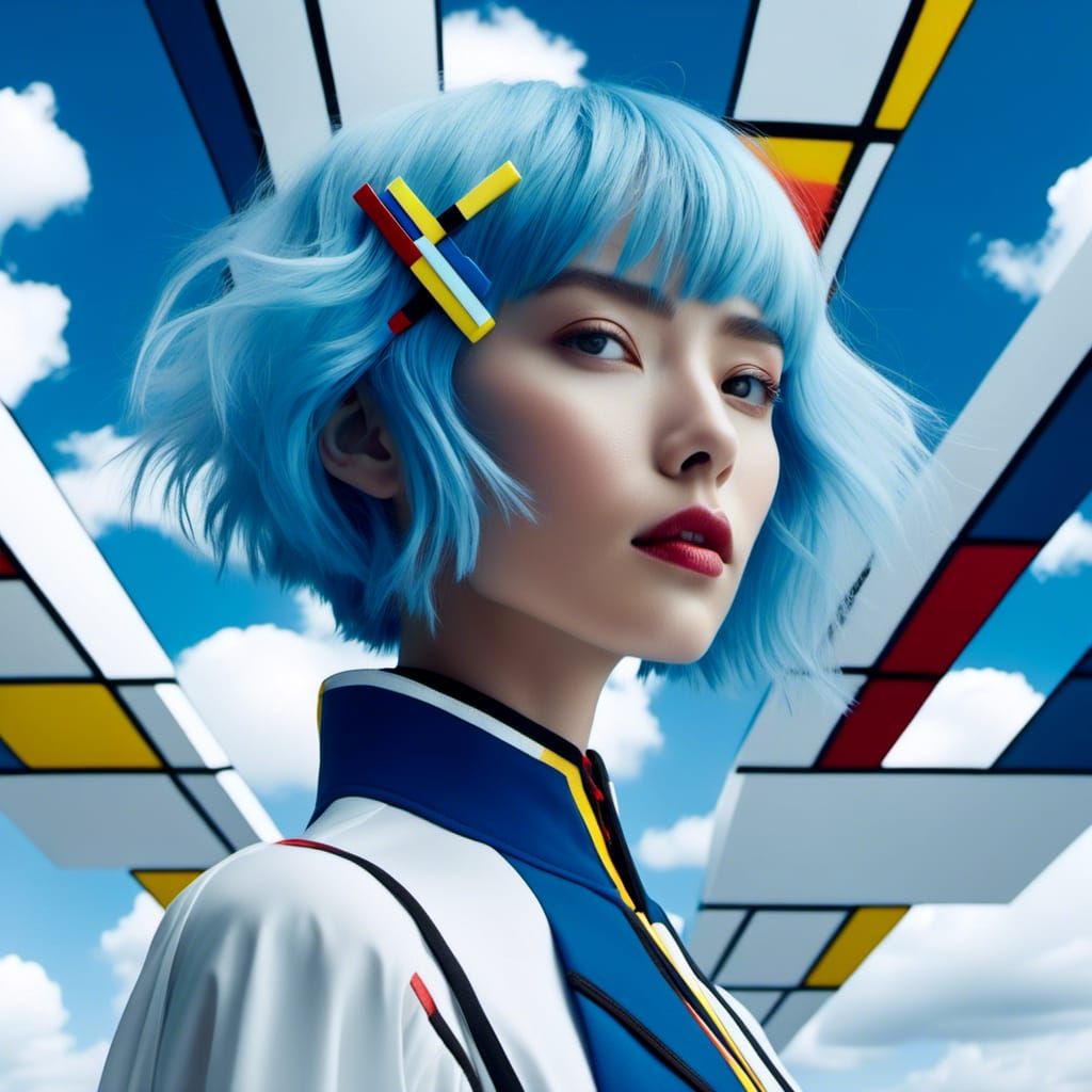 Blue-Haired Rei Ayanami in Piet Mondrian Style