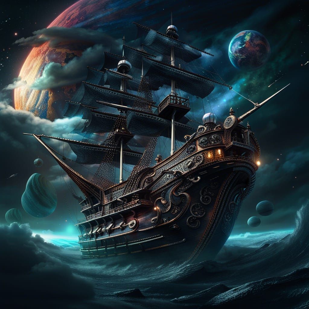 Sinister Pirate Ship Sailing Through Dark Cosmos