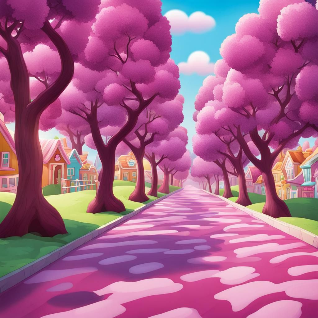 Candy Land Street Lined with Plum Trees