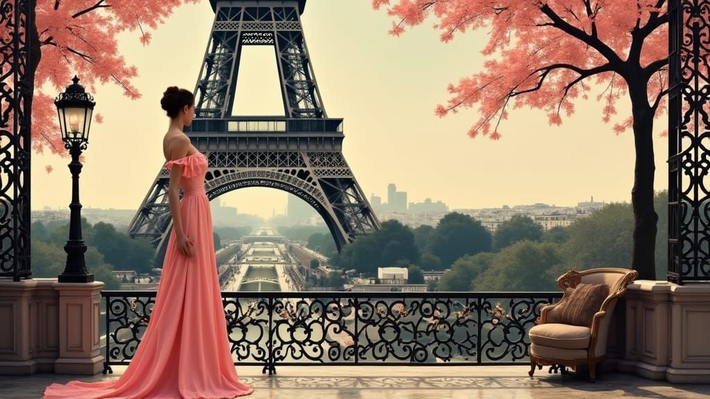 Eiffel Tower Scene in Art Nouveau Style