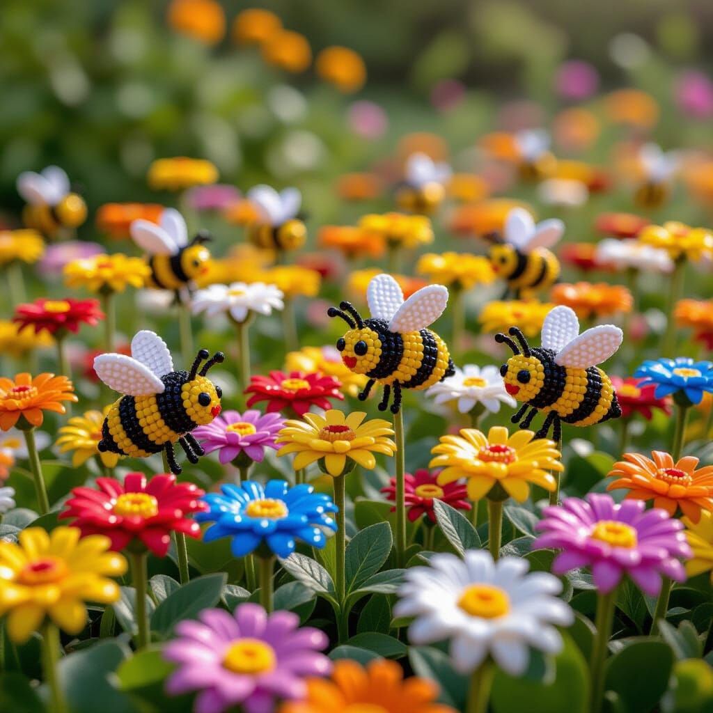 Beaded Garden: Colorful Flowers and Bumble Bees