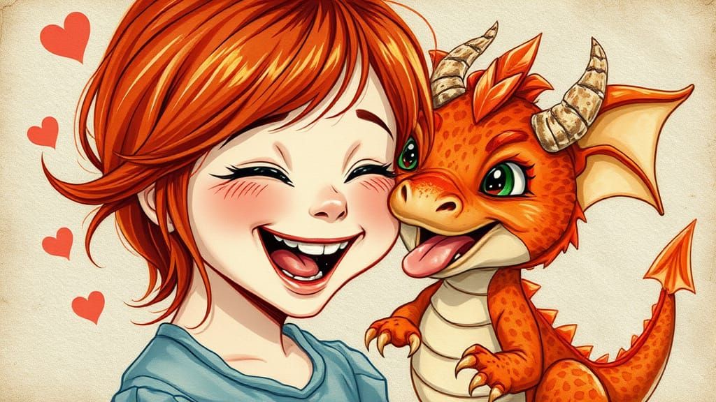 Vibrant Tempera Painting of a Redhead Girl and Her Dragon Fr...