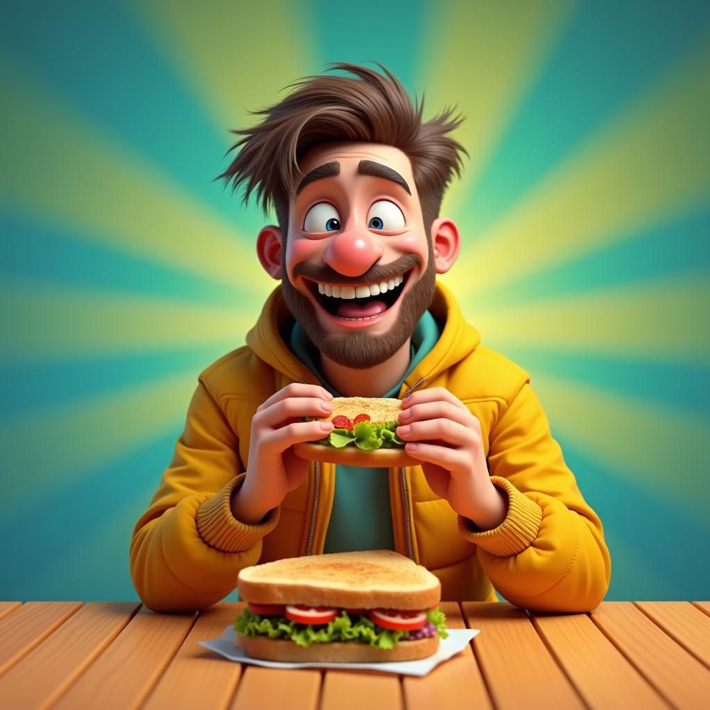 Man Savoring Sandwich in Pixar-Style Animated Scene