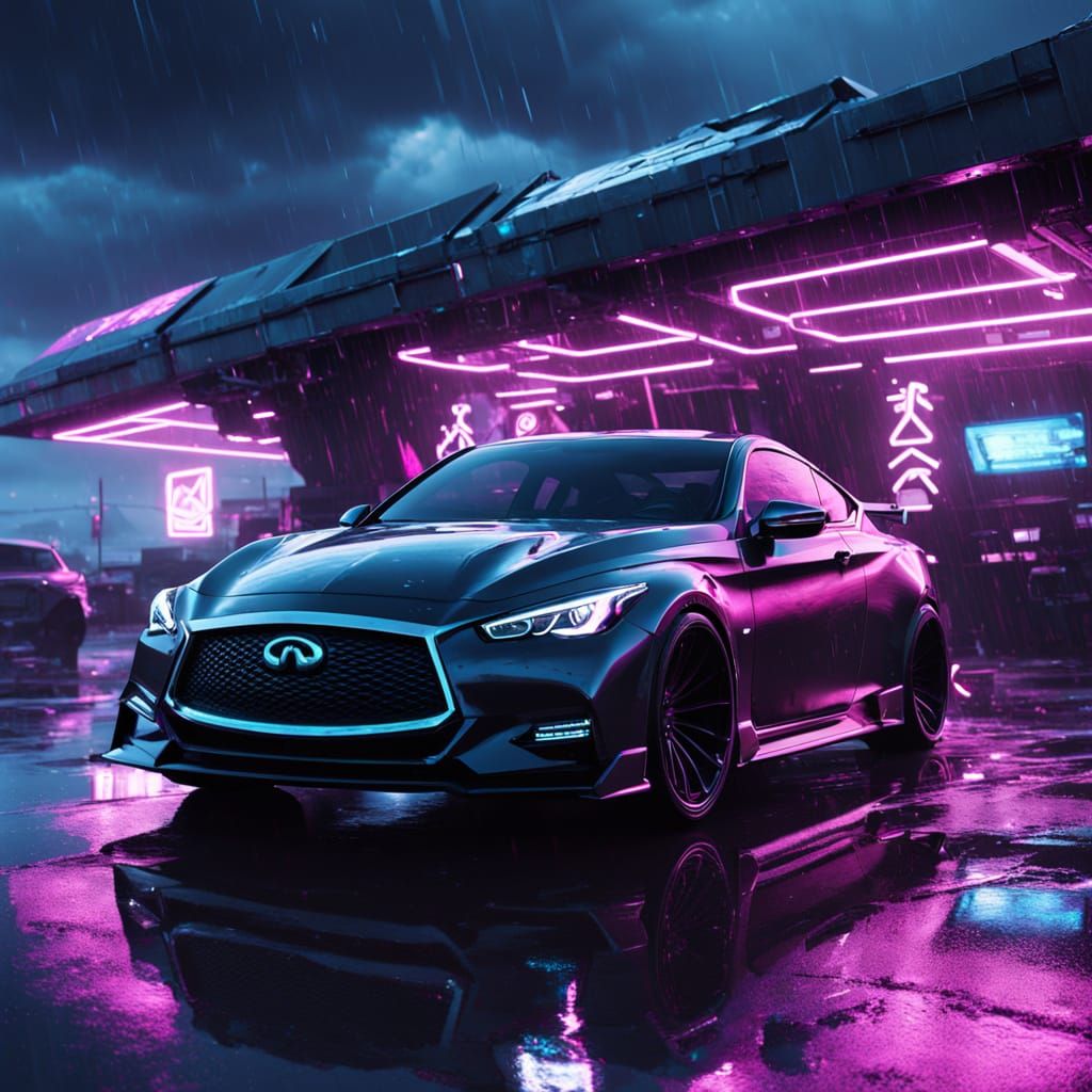 Cyberpunk Infiniti G37 on Neon Rooftop Under Stormy Sky