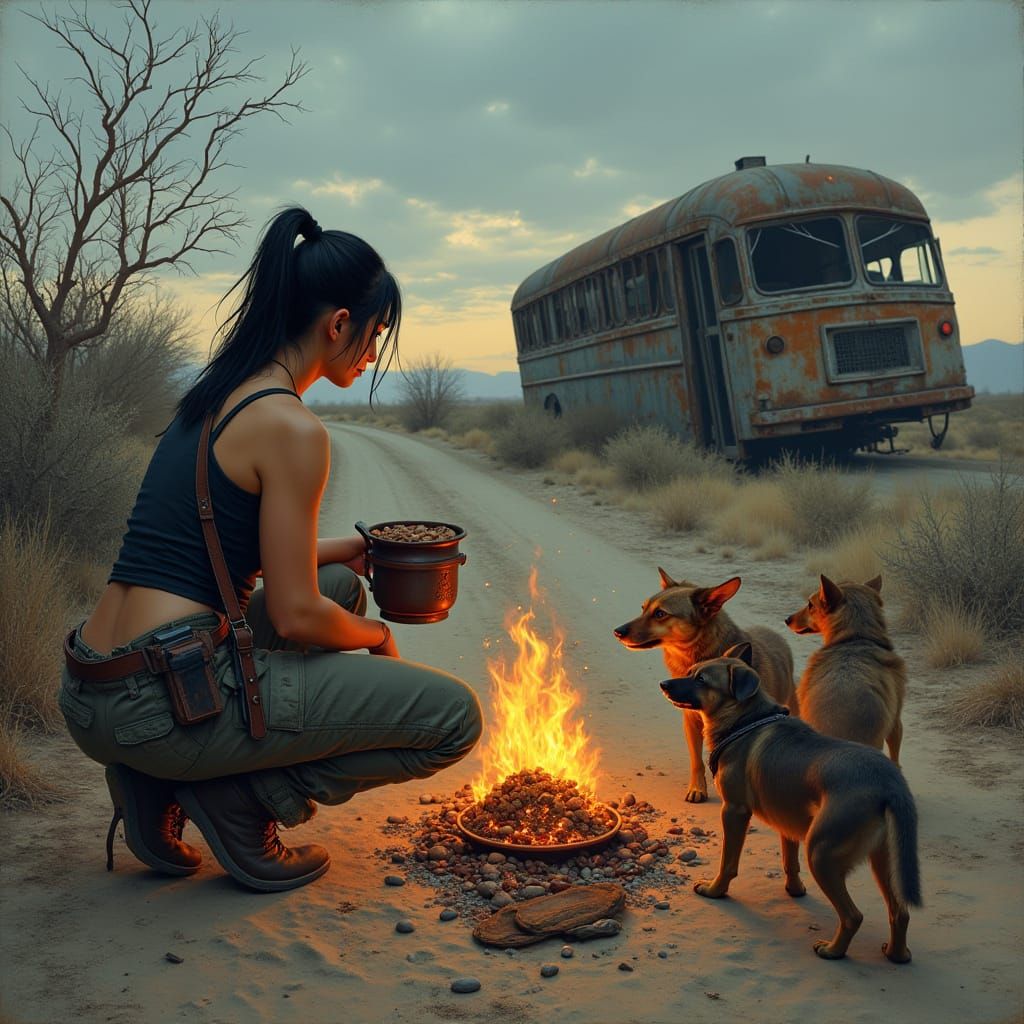 Scavenger Woman by Fire in Barren Wasteland