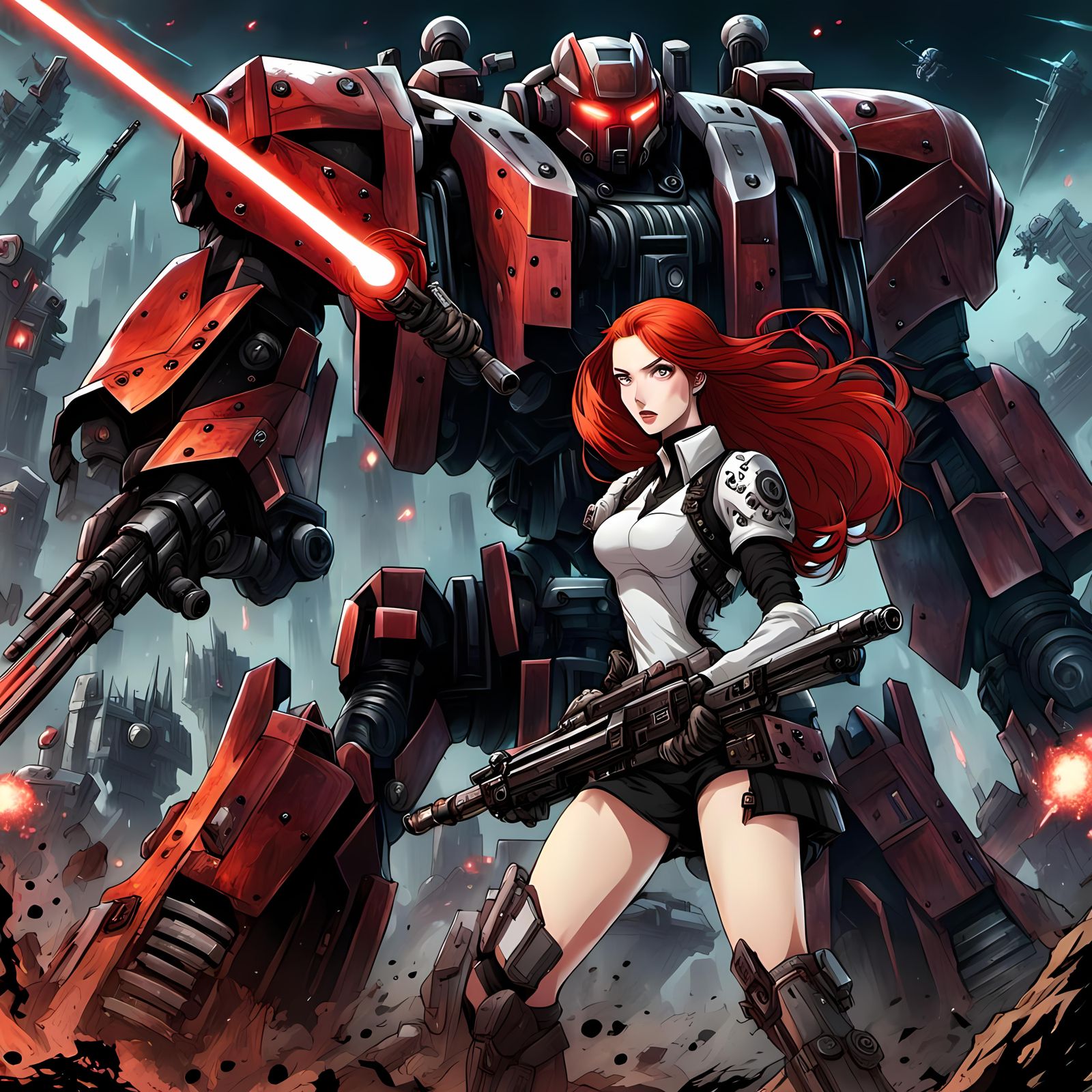 Redhead Versus Battlemech in Grimdark Manga Style