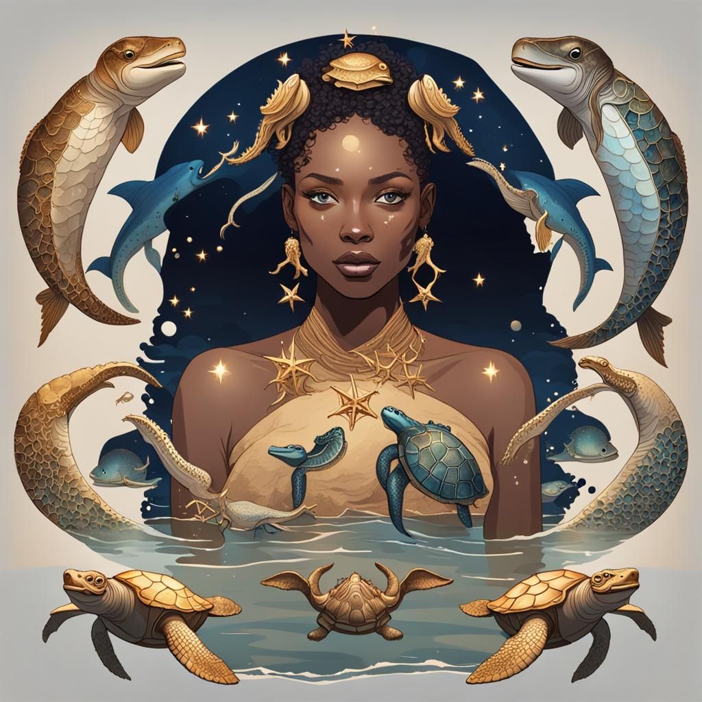 Sunset Sea Goddess with Whales and Turtles