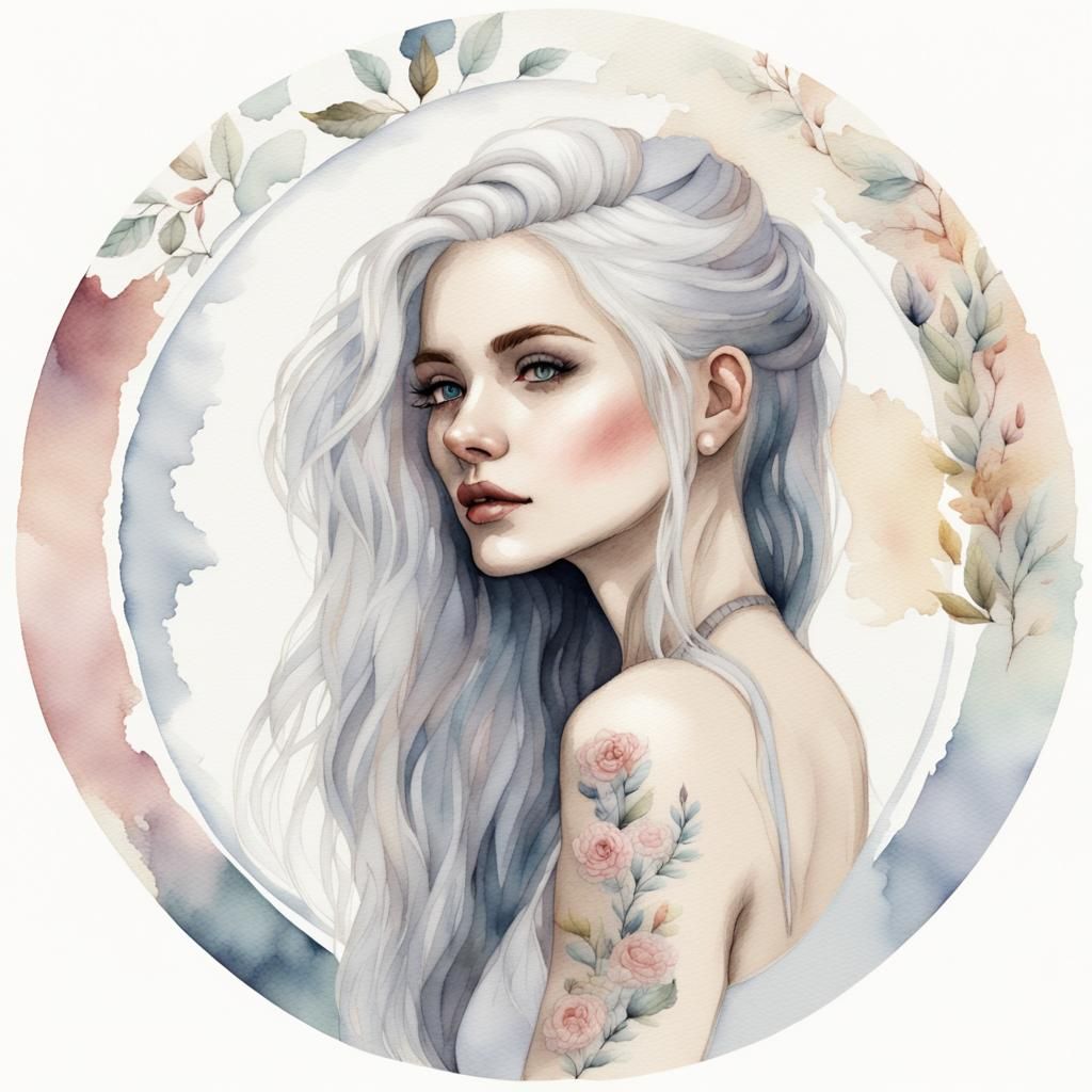 Embroidered Woman with White Hair and Tattoos