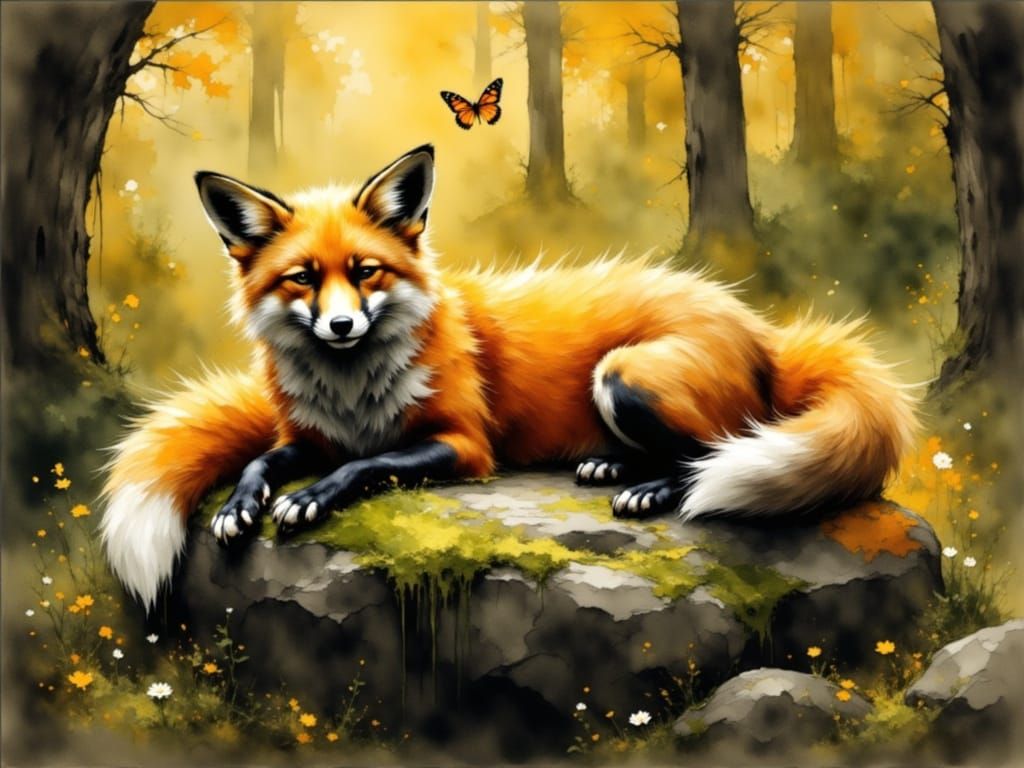 Red Fox Yawning in Golden Hour Forest