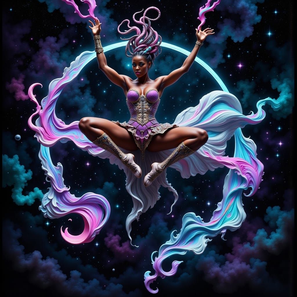 Surreal Afro-Brazilian Acrobat in Cosmic Cyberpunk Dreamscap...