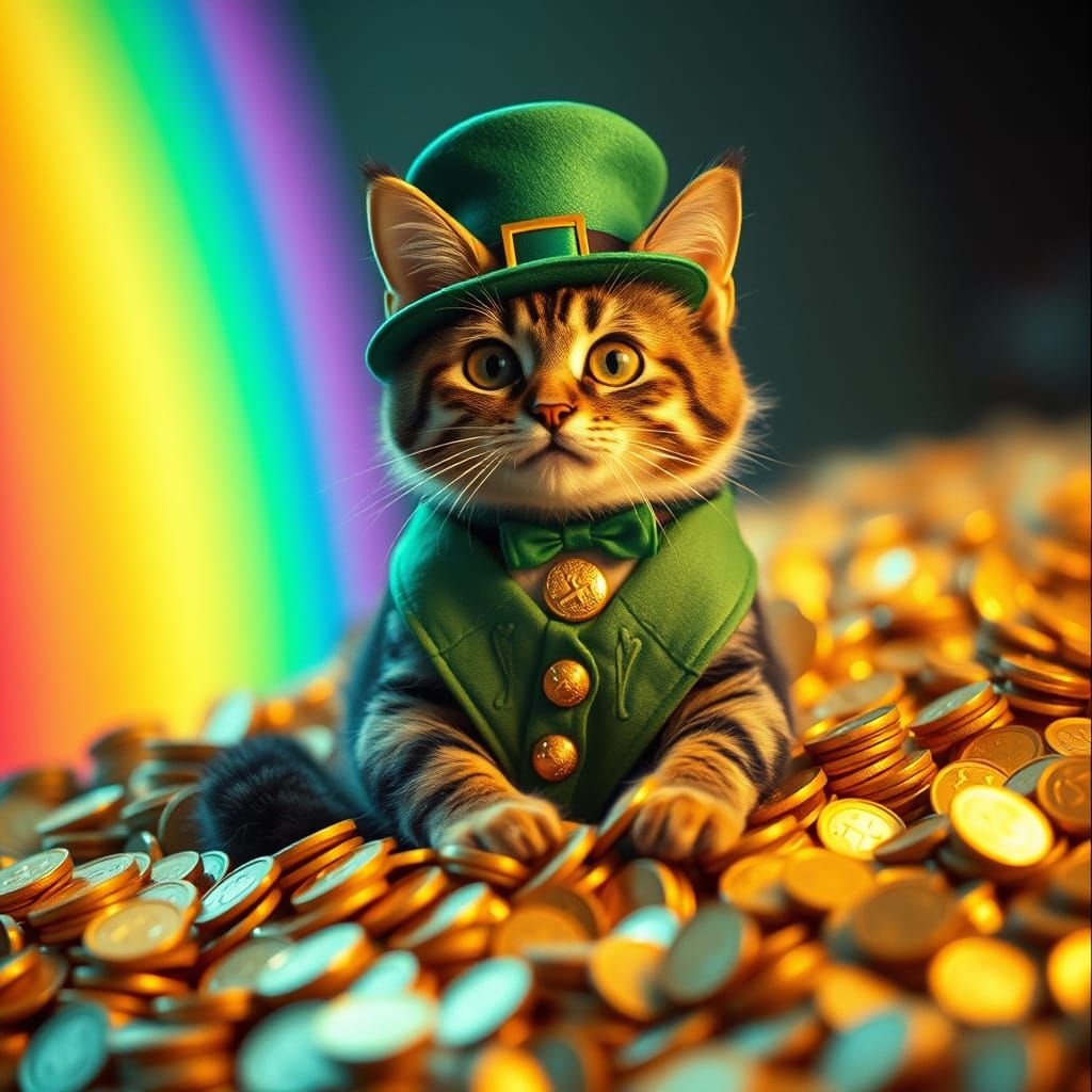 Badass Leprechaun Cat with Gold and Rainbow