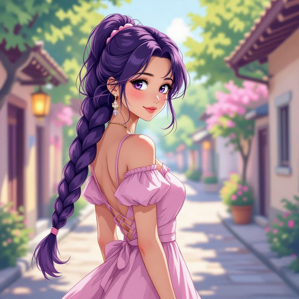 Anime Woman with Purple Hair in Miyazaki Style
