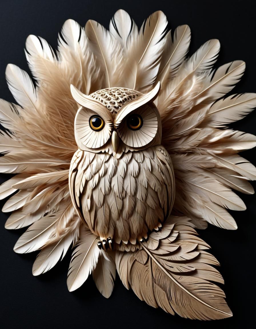 Botanical Owl Wood Carving on Black Background