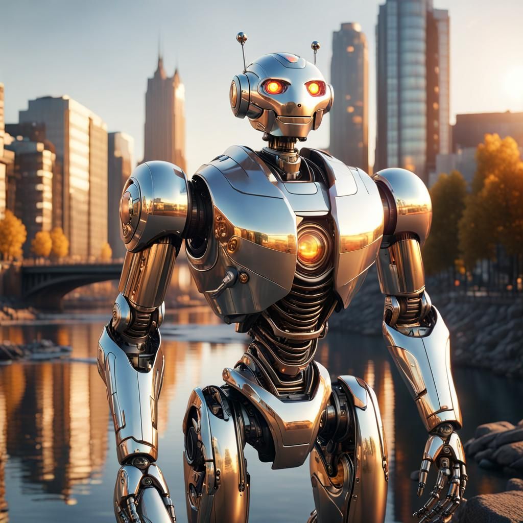 Futuristic Silver Robot in Golden Hour Light