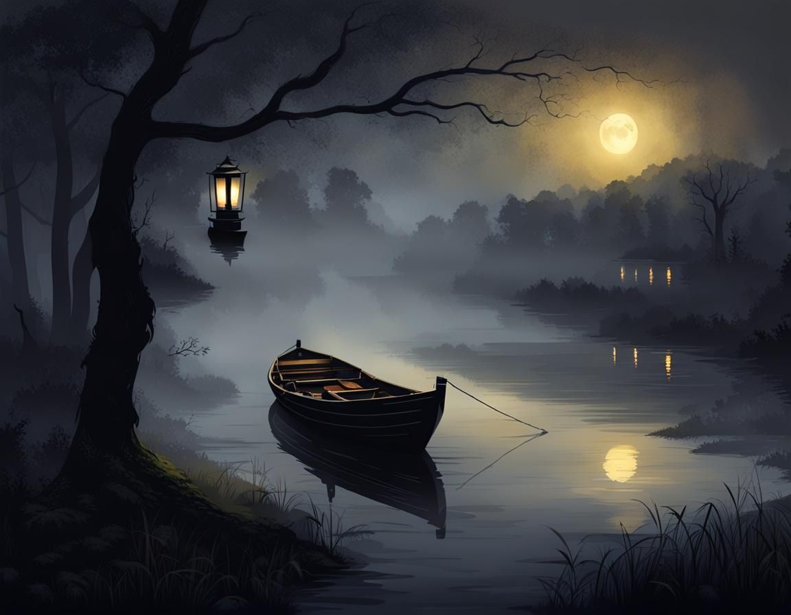 Lantern Glow on Misty River at Night