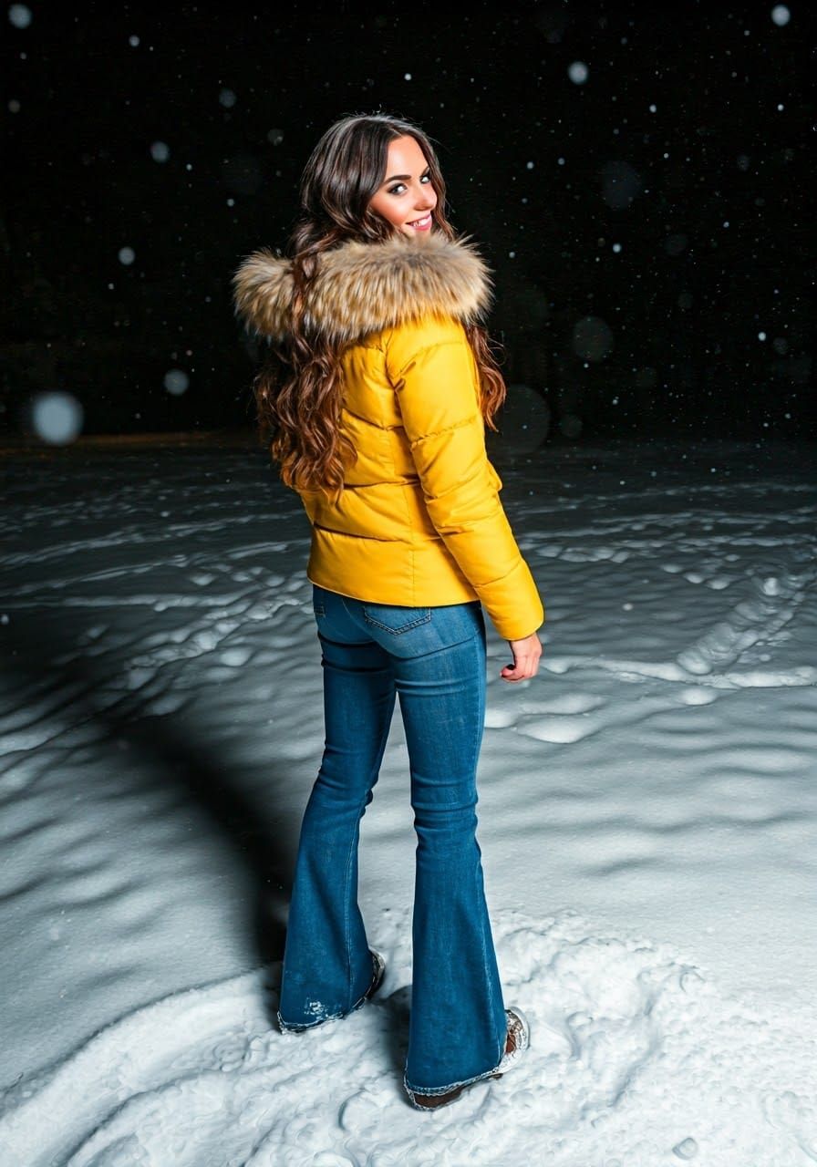 Surreal Winter Scene with Brunette Female and Snow Angel
