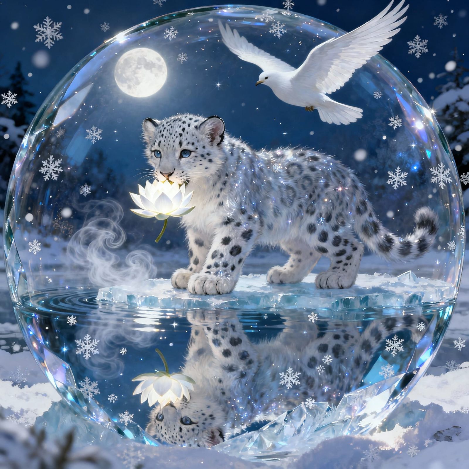 Mystical Snow Leopard Cub in Crystal Orb