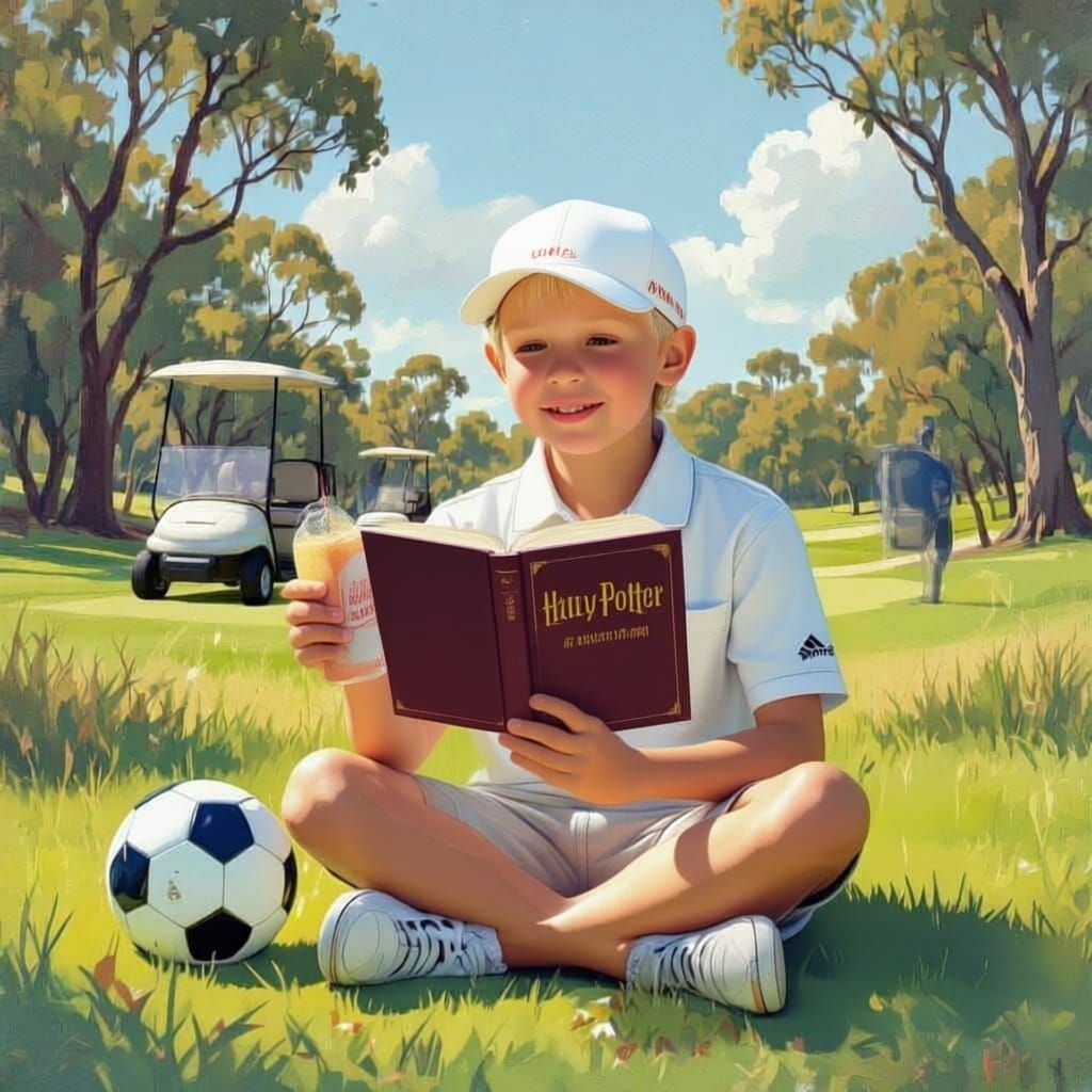 Boy's Serene Golf Outing, Digital Art Style