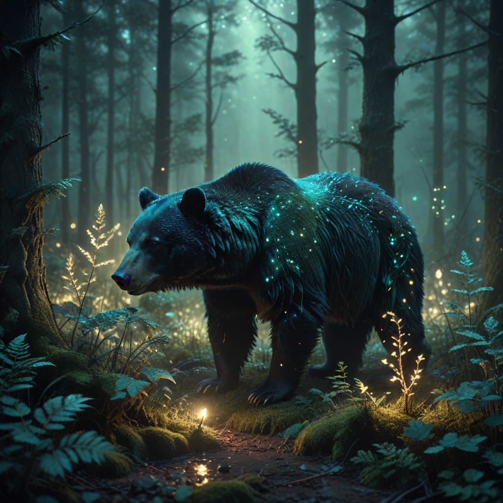 Mysterious Nocturnal Realm with Glowing Bioluminescent Bear