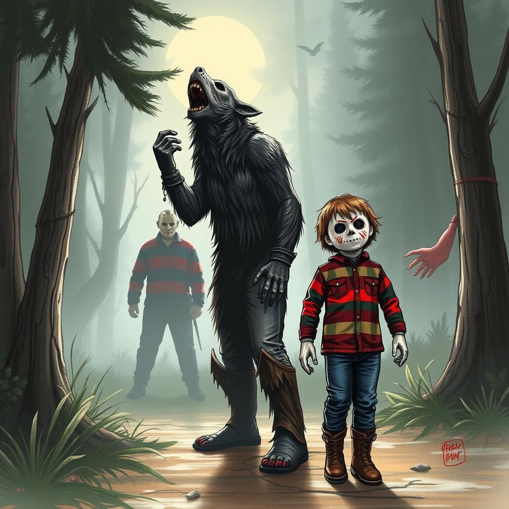 Werewolf Howling with Horror Icons in the Night