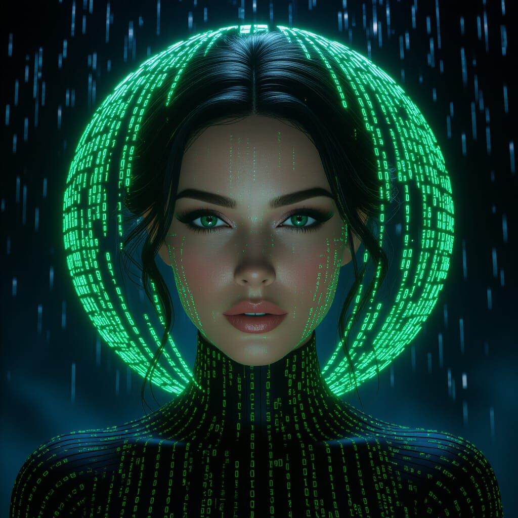 Digital Code Portrait of a Woman in Neon Green