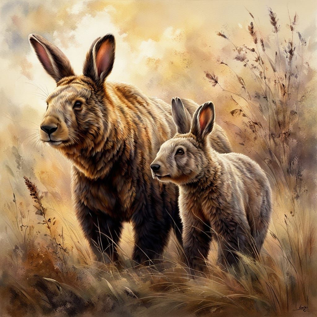 Impressionist Painting of Rabbit and Bear on Spring Savannah