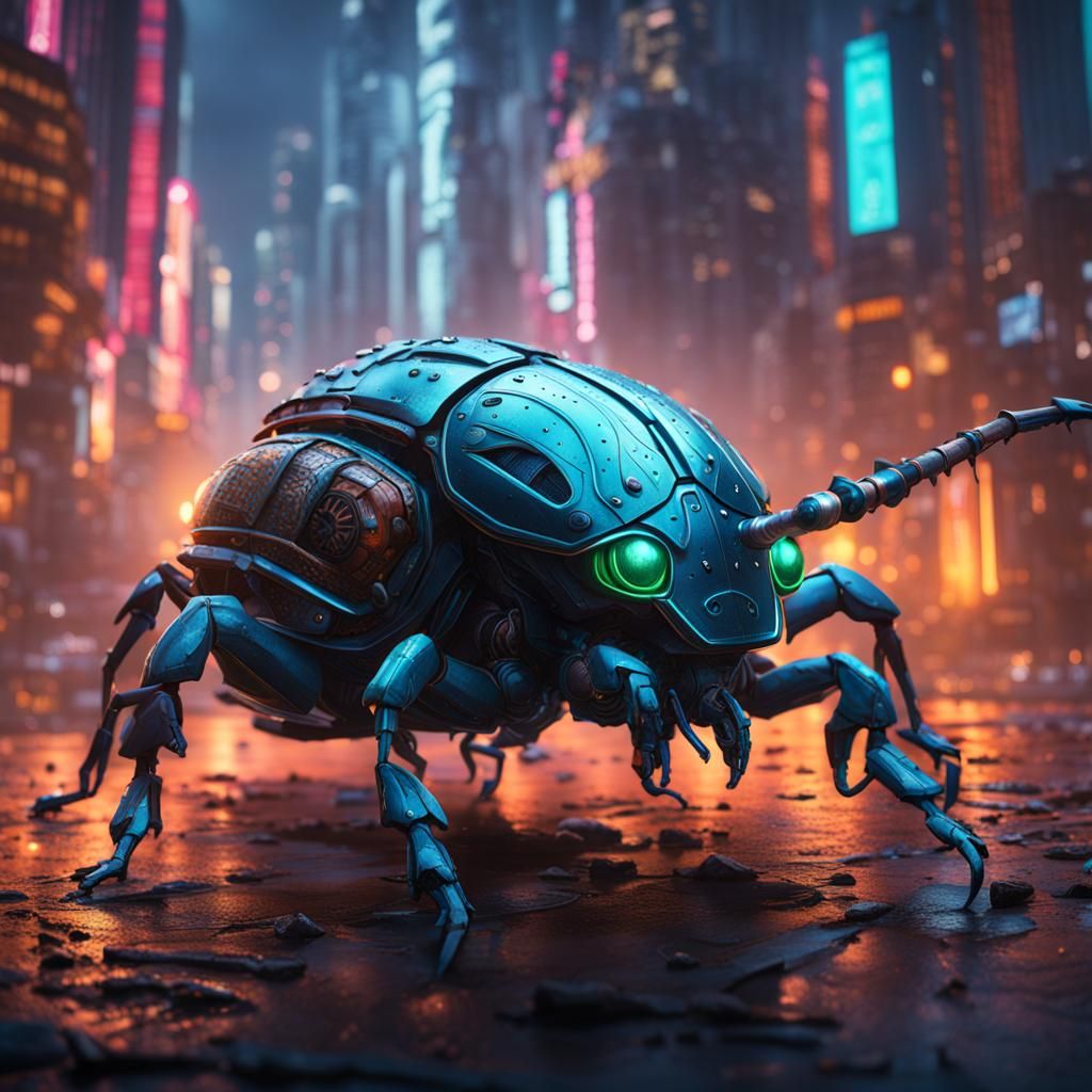 Cyberpunk Beetle: Detailed Matte Painting