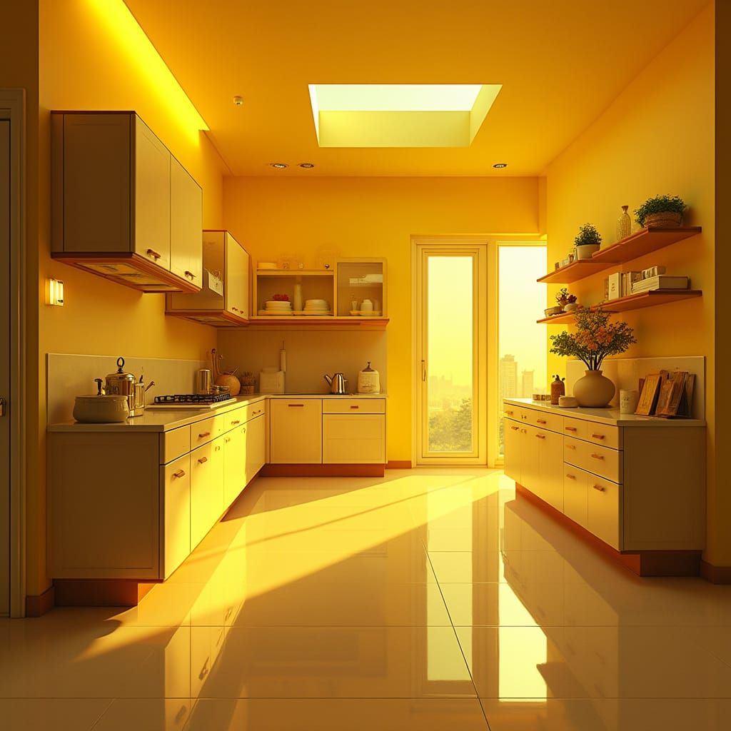 Modern House Interior with Warm Yellow Light and Sleek Cabin...