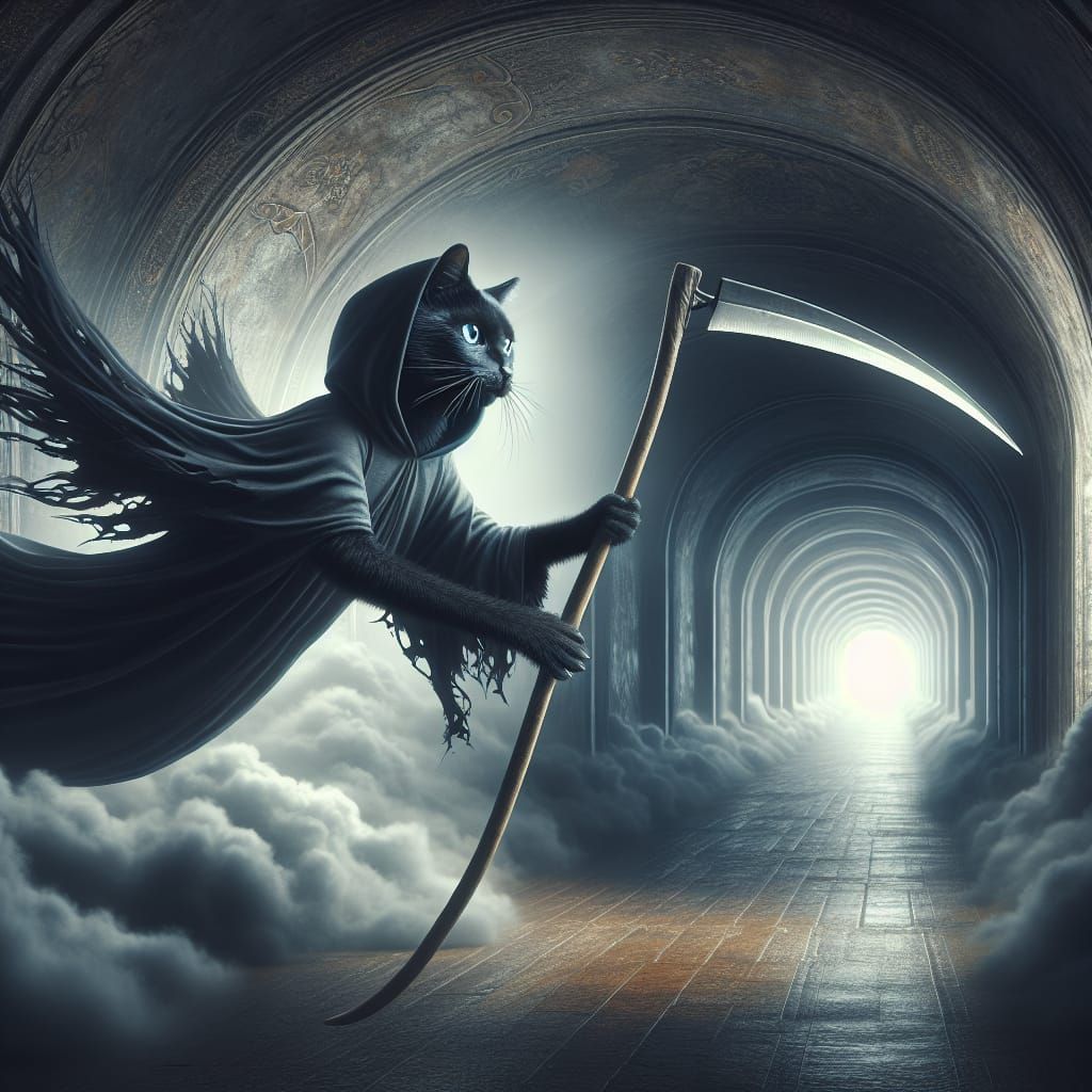 Whimsical Grim Reaper Cat in Dark Fantasy Style