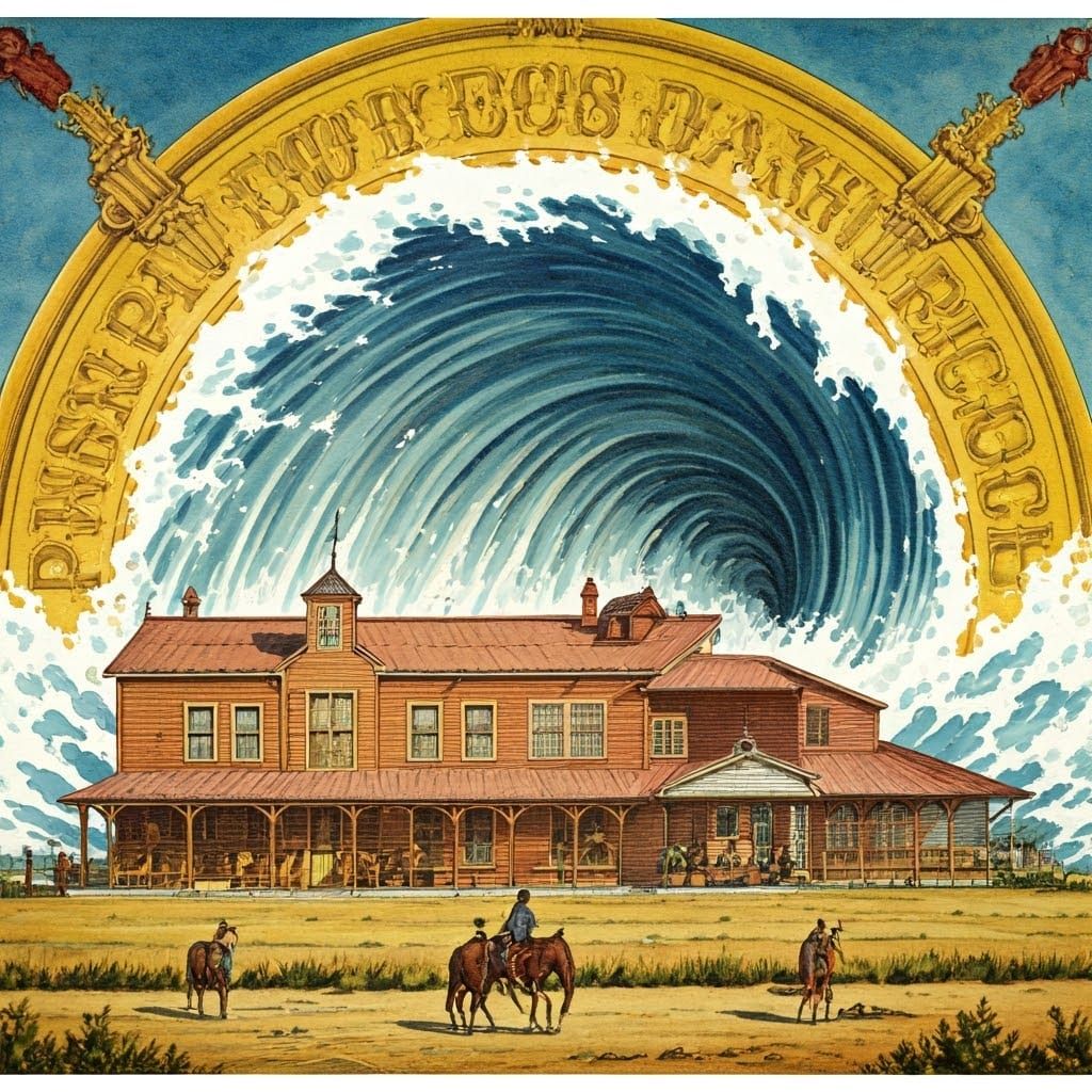 Ponderosa Ranch Hit by Tsunami in Watercolor