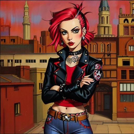 Rebel Girl in Cityscape, Zentangle Art Deco Style