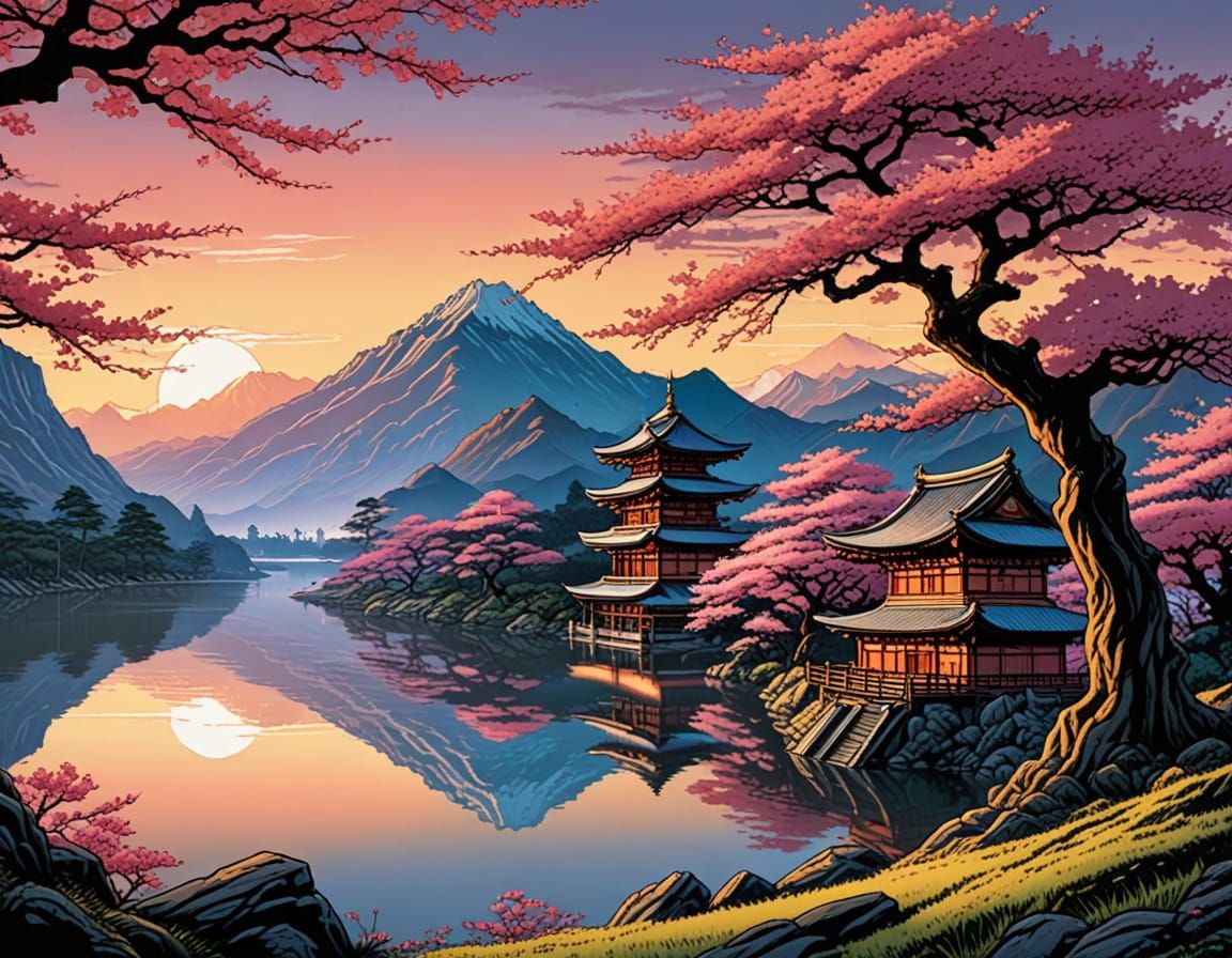 Sakura Tree with Japanese Temple in Comic Book Art