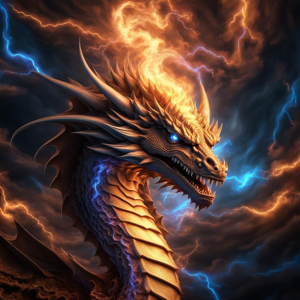 Electric Lightning Dragons Rising in 3D Hologram
