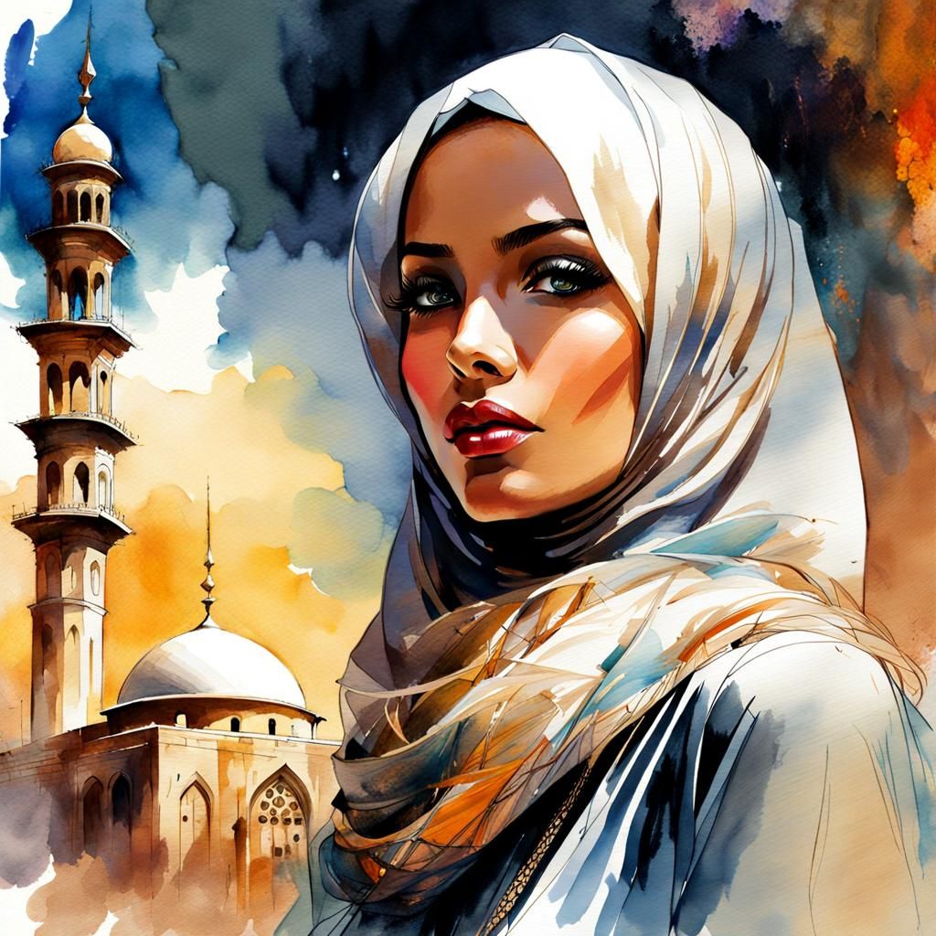 Beautiful Woman in Hijab: Digital Watercolor Illustration