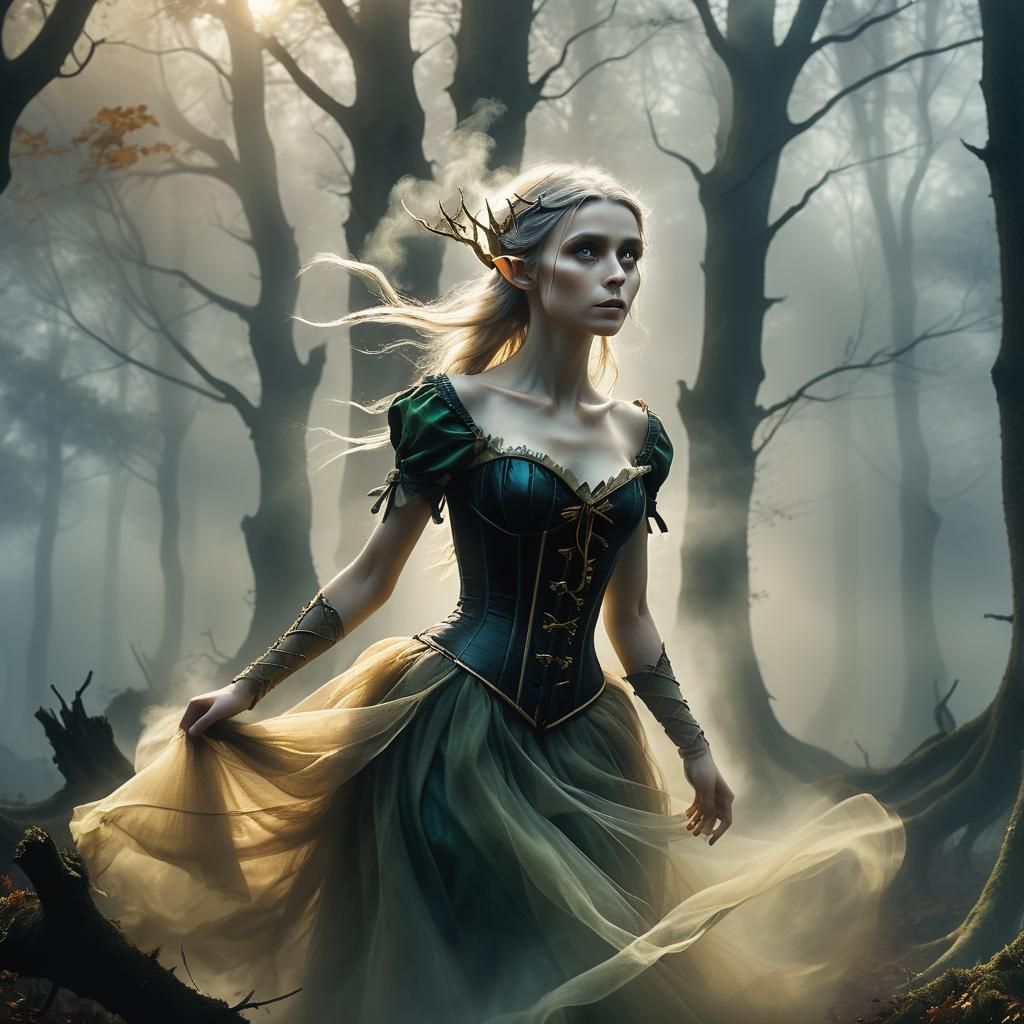 Ethereal Elf in Misty Woods: Dark Fantasy Illustration