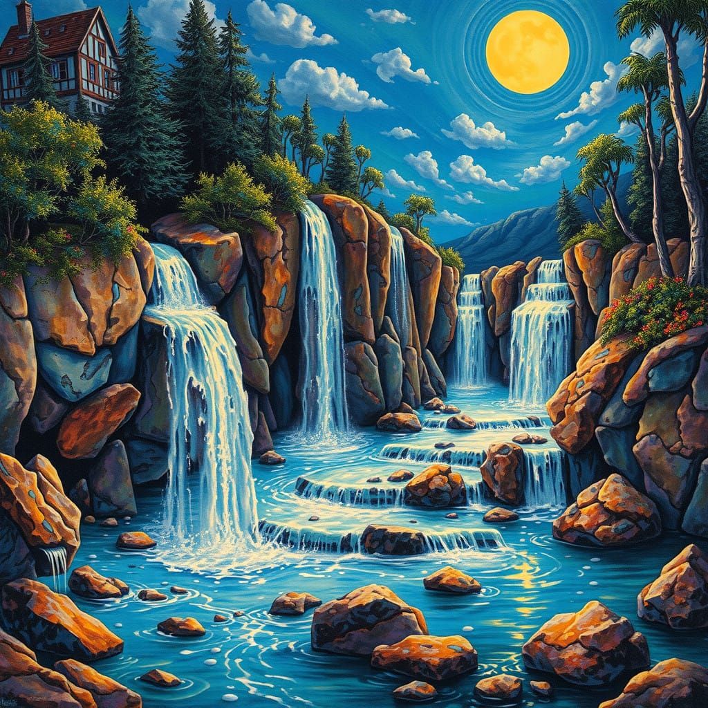Impasto Cascade Hallucination surrealistic , moonlit dreamscape, Magically realistic, peacefully transcendental
