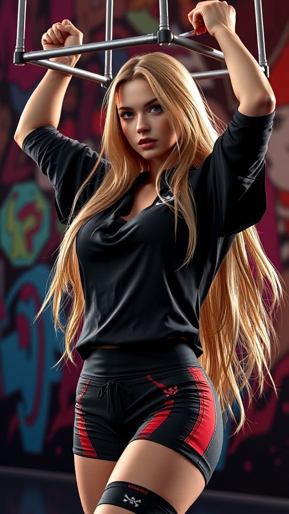 Dynamic Image of Woman with Chair, Hyperrealistic Splash Art