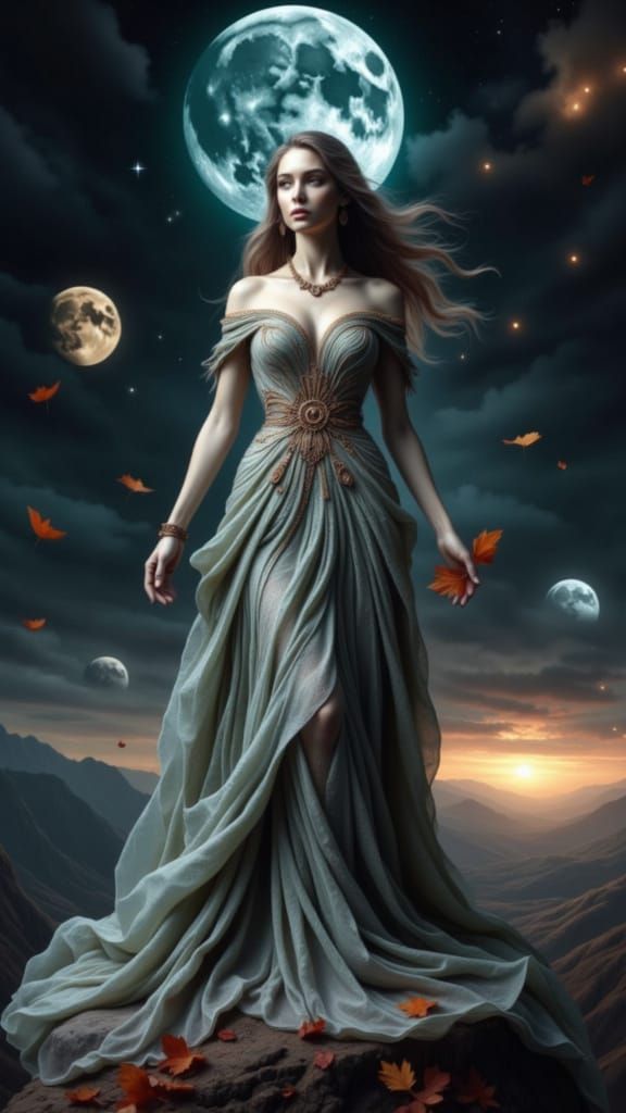 Regal Goddess in Moonlight Gown Holds Autumn Leaf