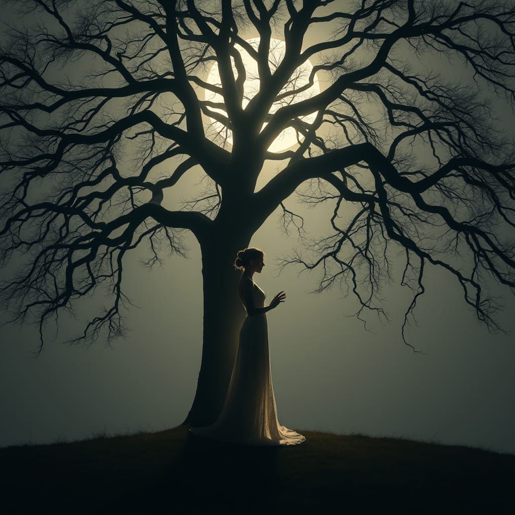 Ethereal Woman in Elegant Attire Under Moonlit Tree