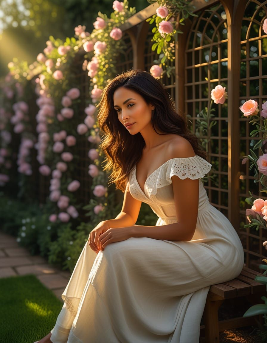 Romantic Realism: Woman in Garden Trellis as Oil Painting