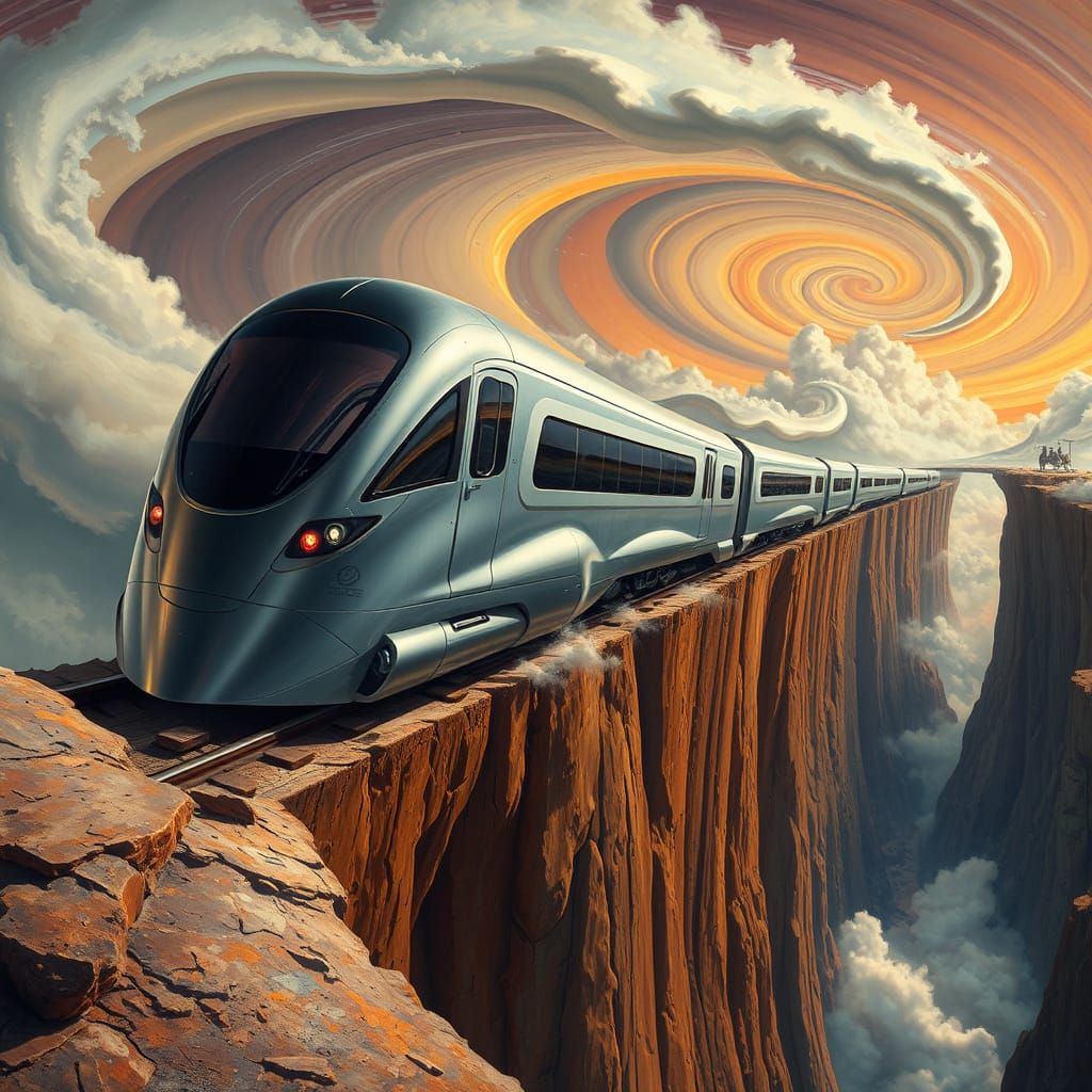 Futuristic Train Disintegrates Over a Surreal Cliff