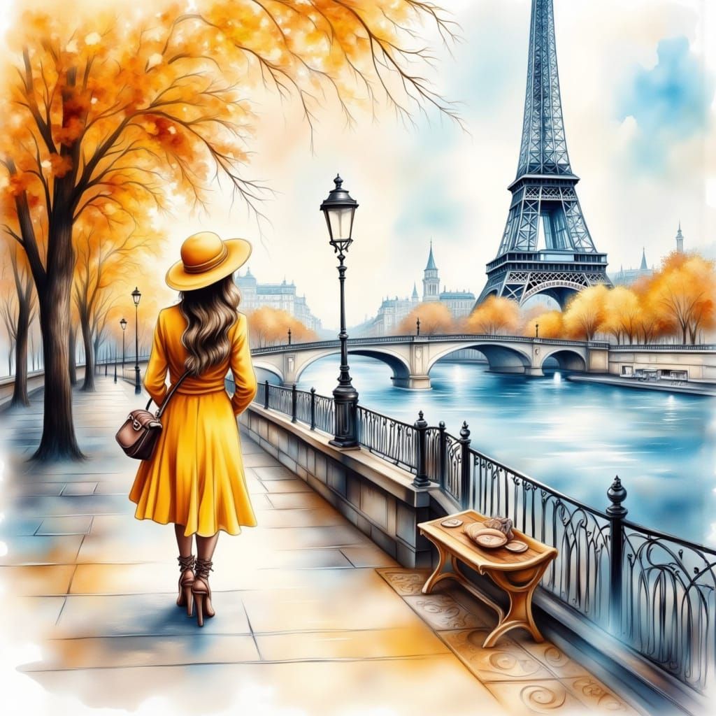 Whimsical Parisian Autumn Afternoon in Watercolor Style