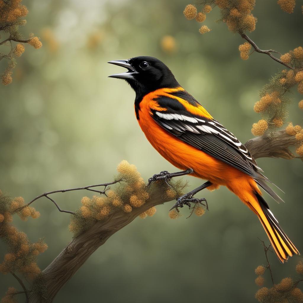 Baltimore Oriole Singing: Detailed Digital Painting