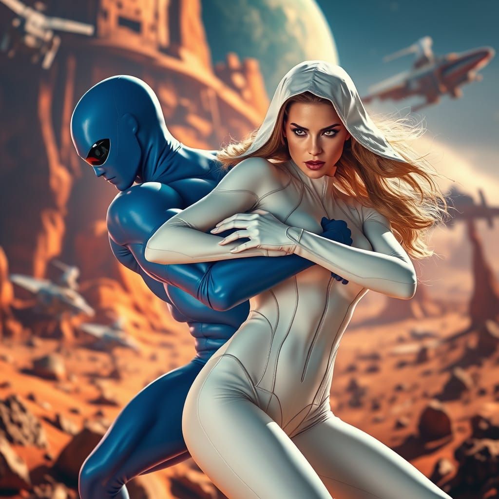 White Widow Restraining the Incredible Blue Man