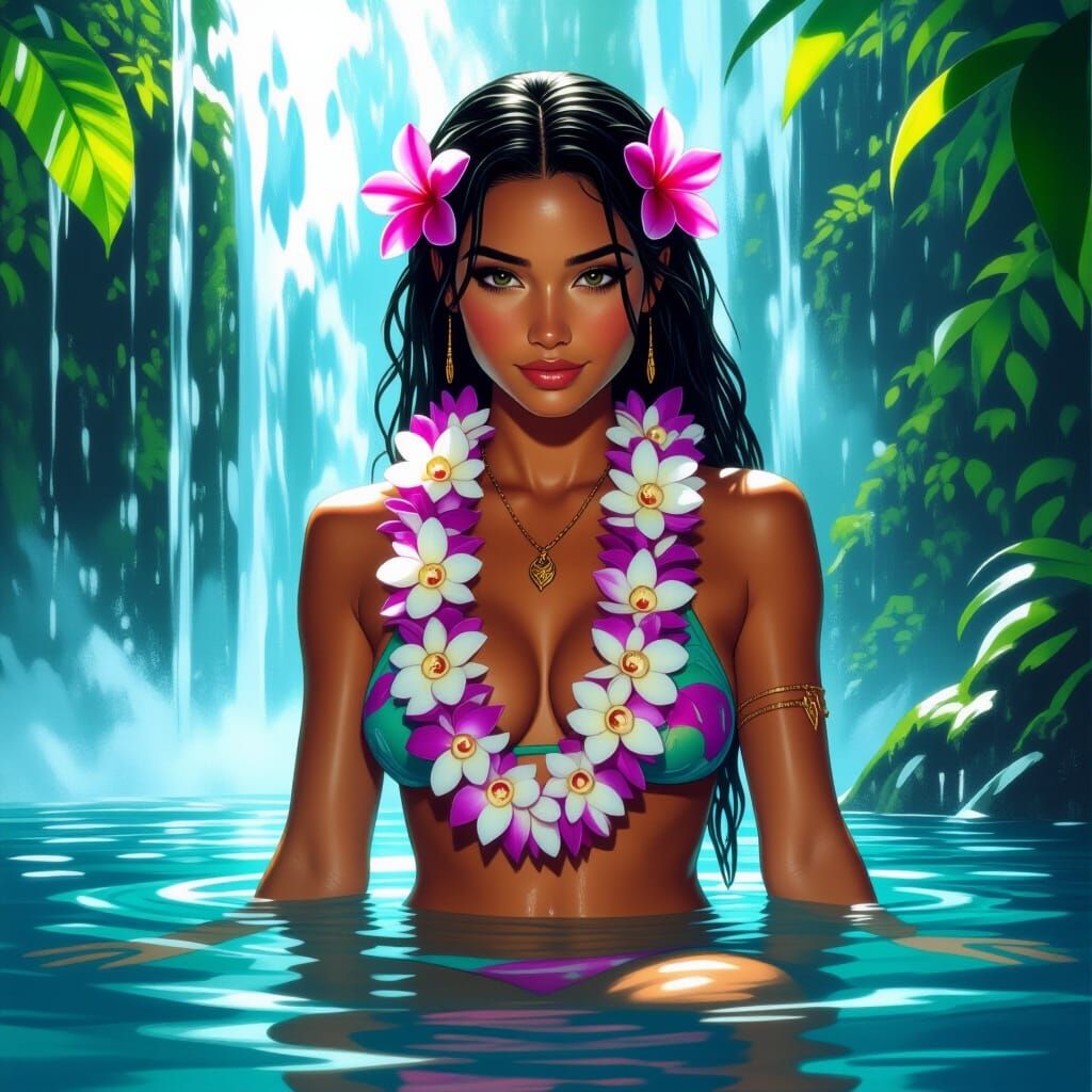 Hawaiian Goddess Bathing Under Waterfall Digital Painting