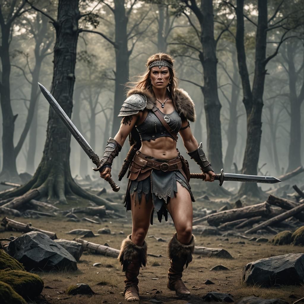 Hyperrealistic Female Barbarian Warrior in Forest Clearing