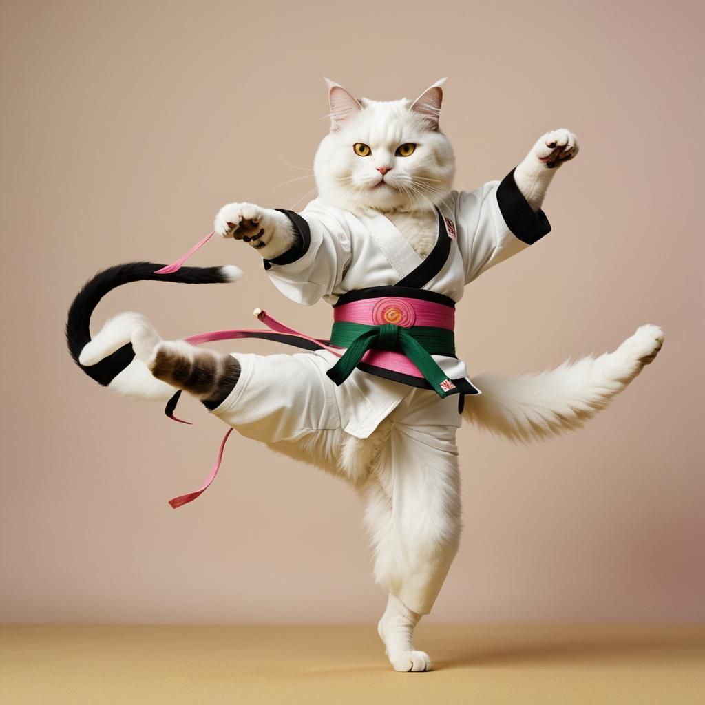 Agile Cat Mid-Air Kick in Japanese Dojo