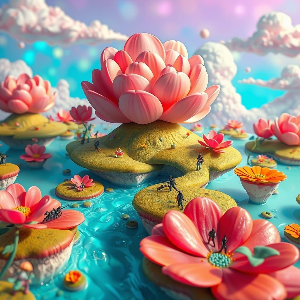 Surreal Flower Islands in Iridescent Sky with Toy Soldiers
